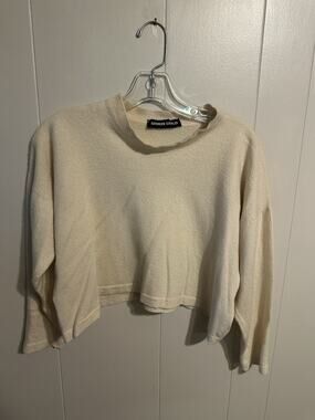 Shirin Guild Women’s Beige Knit Crew Pullover Cropped 70% Cashmere 30% Silk OS